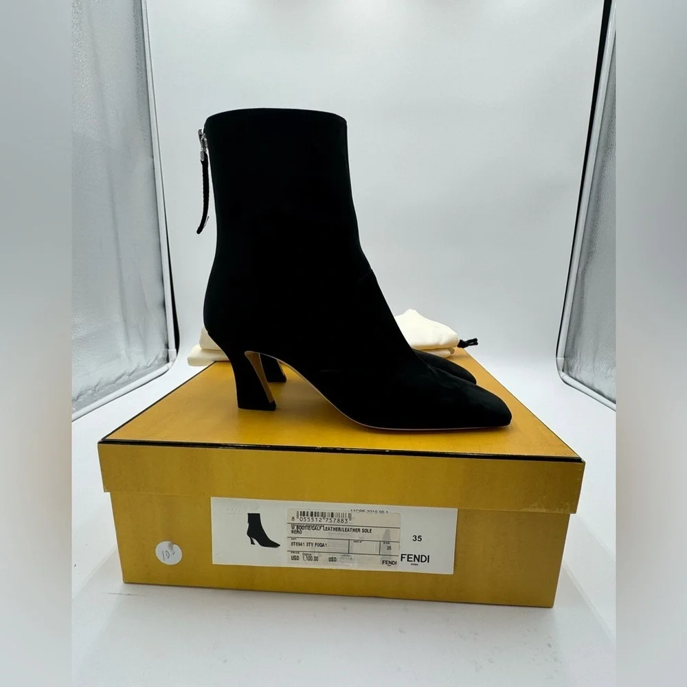 Fendi Black Suede Ankle Boots Logo Zip Heel Booties NWT Box IT 35 - Picture 14 of 17